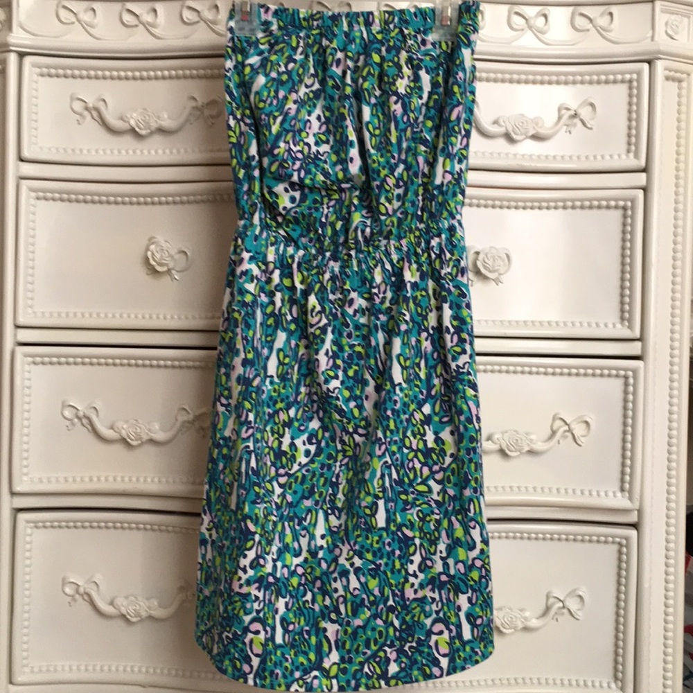 LILLY PULITZER Strapless Dress, XXS, Teal White